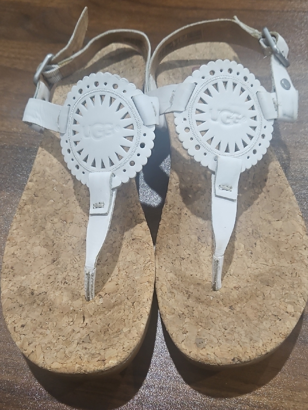 UGG White Leather Cork Thong Sandals with Medallion